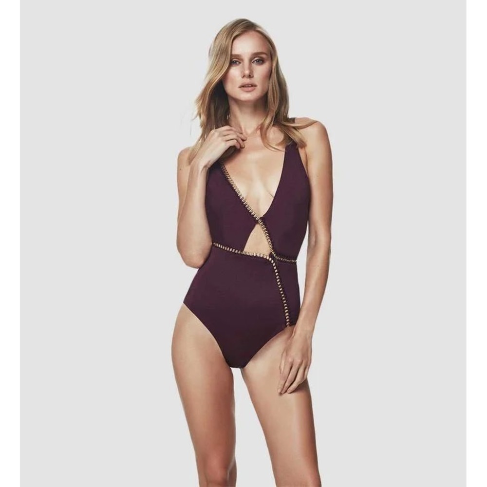 MOEVA London Claire‎ Deep V Neck One Piece Swimsuit Purple Embellished Size M